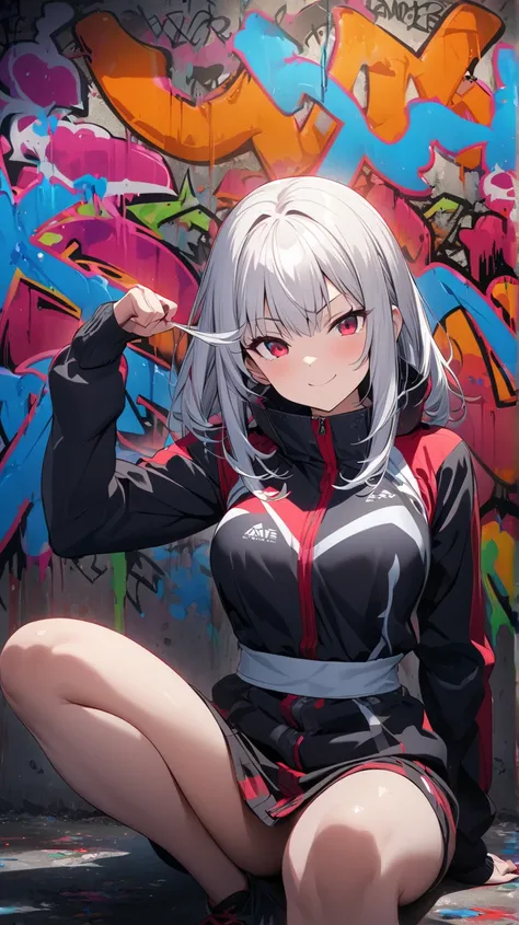 ( top quality),   Masterpiece ,  Extremely Detailed CG Uniform 8K Illustration , High collar, extremely High collar saturation, すべてのcolorが深まりました, paint,  graffiti art, Central composition, Extremely detailed lighting, Graffiti wall, wall painted bright,  1...