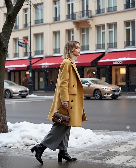 (((wide angle shot))), full body, Beautiful (((Latina))) girl named Luna,  shoulder length blond gradient hair, bob cut hairstyle, hair loose, 20 years old, light tanned, smiling, wearing minimalistic, oversized wool peacoat in a light yellow color, made f...