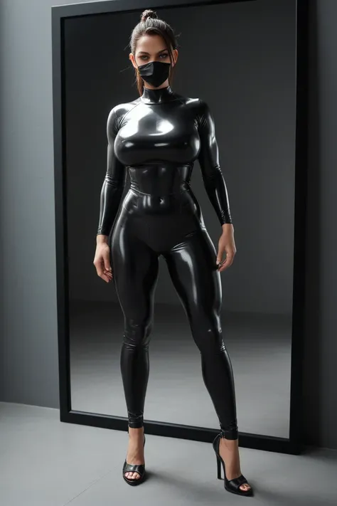 Full body shot of a dark mysterious female ninja with a curvy thick voluptuous body and large full natural breasts, skin tight black transparent bodysuit and full face mask, high heels, mirror goggles, Shadow from Final Fantasy 6, a doberman pinscher dog i...