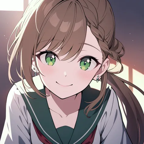 [[ very detailed and beautiful image  ]] , [[4K ]] ,  a woman with a ponytail hairstyle tied down with some braids ,  the hair is brown and green eyes  , a Japanese school uniform  ,  some earrings and with a cheerful smile  