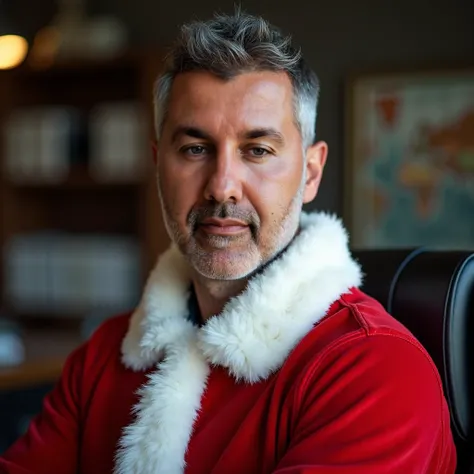 (photorealism:1.2), Handsome man with square jaw, gray eyes and short hair, early 40s, Santa Claus suit, well groomed, manly bearing, office background, realistic image, real photo