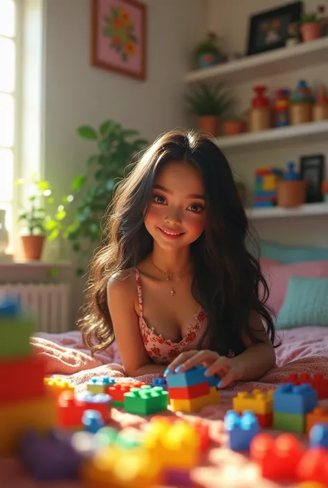 a beautiful Mexican girl with long flowing black hair, looking at the camera, smiling, playing with colorful Legos, in a cozy bedroominterior, natural lighting, intricate details,photorealistic,highly detailed,8k,masterpiece