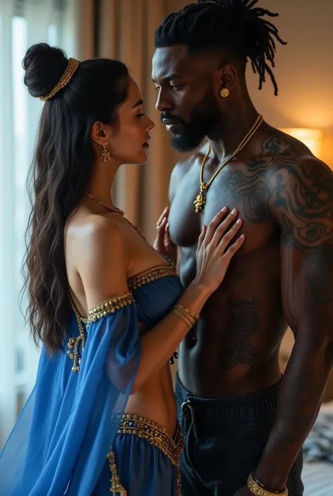 A mystical female genie, long dark hair tied back, bun hairstyle, and wearing a flowing, elegant outfit similar to traditional harem pants and a midriff-baring top in shades of blue and gold. Her top is adorned with gold trims, and she wears gold jewelry, ...