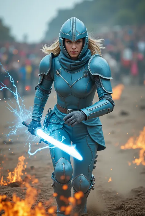 A dynamic action shot of a female knight in gleaming ice-blue outfit, charging into the fray. Her light sabre flashes as she cuts through the air, leaving a trail of sparks in her wake. The battlefield behind her is a chaotic blur of color and motion. 64K ...