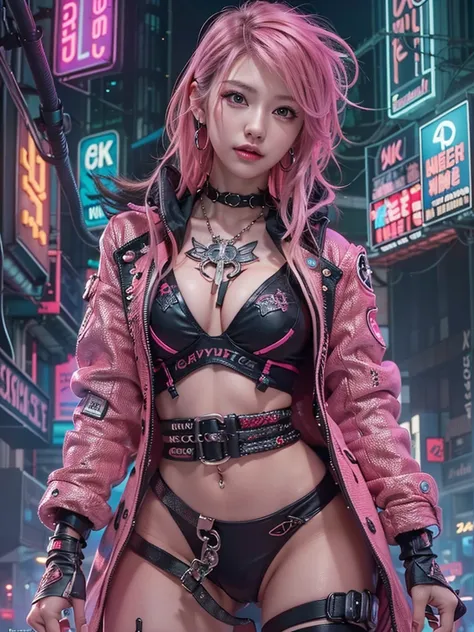 ( Masterpiece,  Best Detailed Textures ,8K resolution, top quality:1.4),  high definition,  movie-like lights,( realistic face),A beautiful face you rarely see , Viewers Captivating Gaze , beautiful charming expression ,((Smooth straight pink hair,Punk Hai...