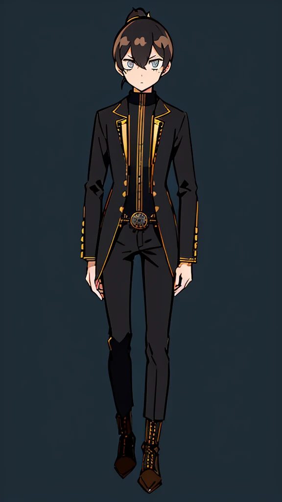 ( Detailed ), (((normal boy))), ((pelo negro  Ponytail hairstyle )), (( Ponytail hairstyle )), (calm face), ((brown boots)), ((( full body))), ((male)), (black and blue suit), ((solo una persona)), ((steampunk)), ((((solo una persona)))),