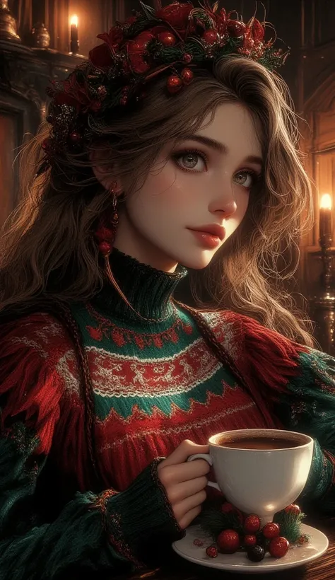 A beautiful woman with beautiful eyes:1.2, detailed eyes, beautiful full lips, highly detailed eyes and faces, long eyelashes, cute expression, smile, sitting:1.4, holding a cup of hot latte, homely background, Christmas sweater, fireplace, warm light, det...