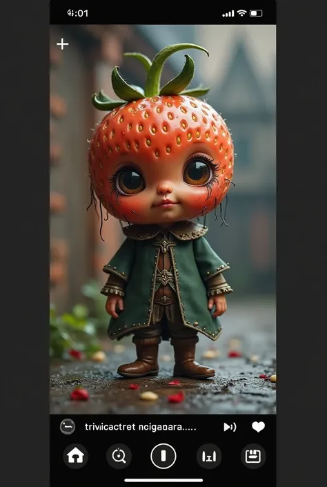 
Please, Create an image of a cute and full miniature being with the head of a strawberry with imperfections and roots with the height a cute and innocent  half chubby  , his appearance as if he had just been taken off the ground with roots and imperfectio...