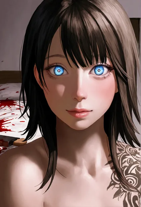 cute yuna, sexy psycho killer, extensive tattoos, blood splatter, nude, crazy eyes, dangerous seduction, meat cleaver, wrecked bedroom, 1girl, beautiful detailed eyes, beautiful detailed lips, extremely detailed eyes and face, long eyelashes, illustration,...