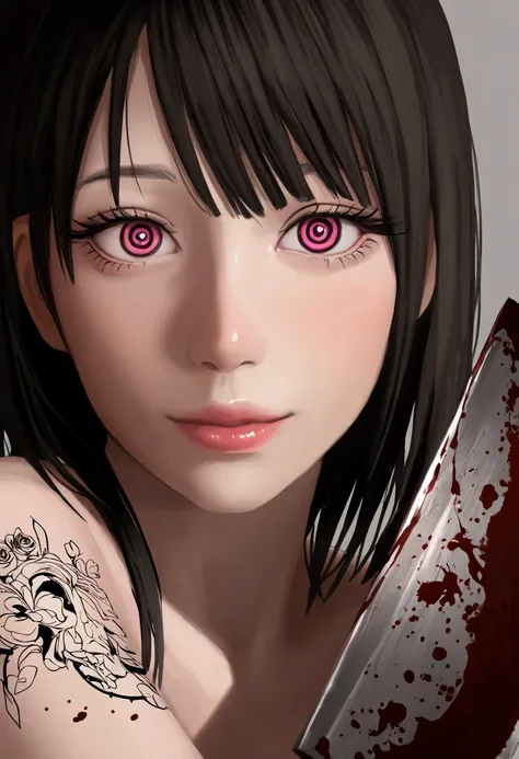 cute yuna, sexy psycho killer, extensive tattoos, blood splatter, nude, crazy eyes, dangerous seduction, meat cleaver, wrecked bedroom, 1girl, beautiful detailed eyes, beautiful detailed lips, extremely detailed eyes and face, long eyelashes, illustration,...