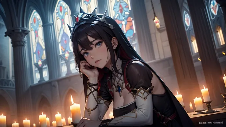 A young woman in a medieval gothic cathedral, crouched in prayer, waiting for the arrival of heavenly angels, beautiful detailed eyes, beautiful detailed lips, extremely detailed eyes and face, long eyelashes, ornate gothic architecture, stained glass wind...