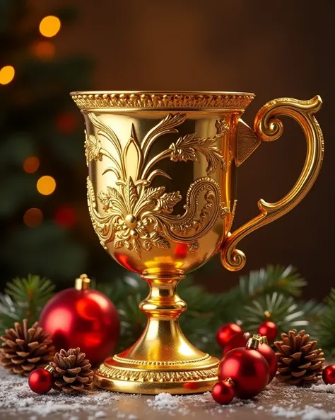 A beautiful hyperrealistic work of art of a beautiful gigantic gold cup,  with Christmas decorations 