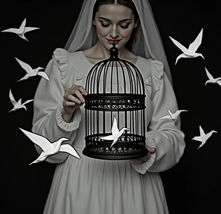 ((highest quality)), ((masterpiece)), (in detail) photo,  front view, a woman in a simple white dress holds a bird cage in front of her, only the lower part of the womans face and torso are visible, the cage door is open ,  opens a cage ,  paper birds fly ...