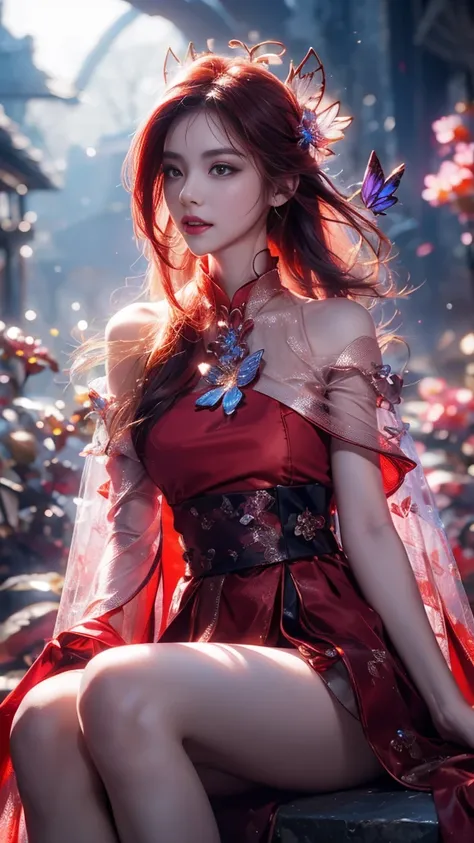 8K, masterpiece, 1 girl, beautiful face, very long hair, light makeup, (glossy skin), detailed eyes, detailed lips, small bust, fantasy clothing, blowing wind, ((red clothing)), ((mesh clothing)), fantasy, ((ornaments)), ((fantasy petticoat)), ((bare waist...