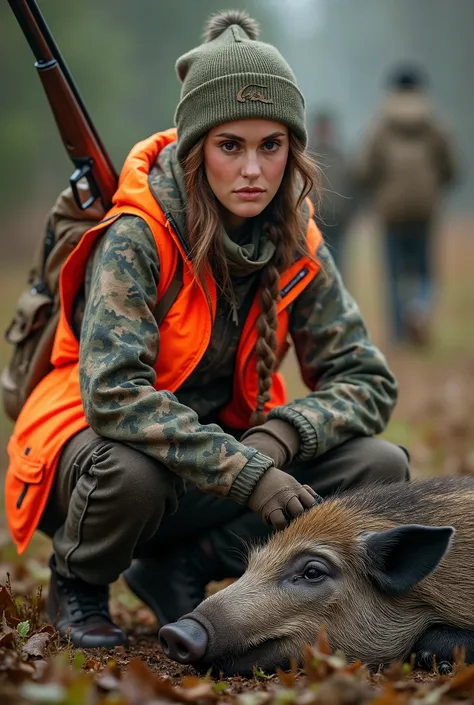 Create a realistic image of a 20 year old woman, brwn hair, Blue eyes, cheekbones,
  ((full body)) dressed in hunting outfit, camouflaged soldier in khaki green and brown color, with a fluorescent orange sleeveless vest holding a hunting rifle, crouching n...