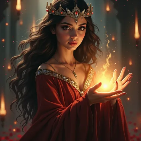 black-haired girl in a tiara, magic, red background 