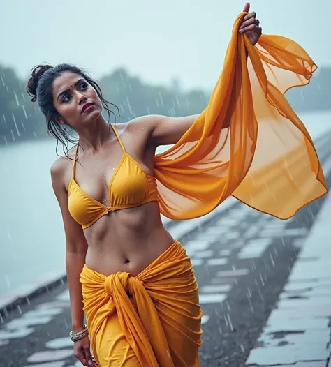 Looking at the viewer with sexy look, front view,Indian sexy bhabhi, wearing yellow glossy saree,tight yellow sleevless strapless bra, dancing outside in rain,dripped wet in rain, half drape saree,both hands on head showing dark hairy armpits,detailed wet ...