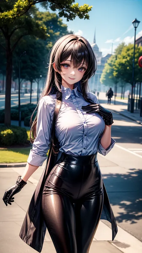 (Yaedef :1.4), 8K, highres,  ultra detailed , (masterpiece:1.4),  Best Quality , symmetrical body, ( white collar shirt :1.4), (Black shiny leggings), beautiful, Alone,  long hair,  Black hair,  purple eyes,   beautiful eyes, Fine eye,  wide smile ,  detai...