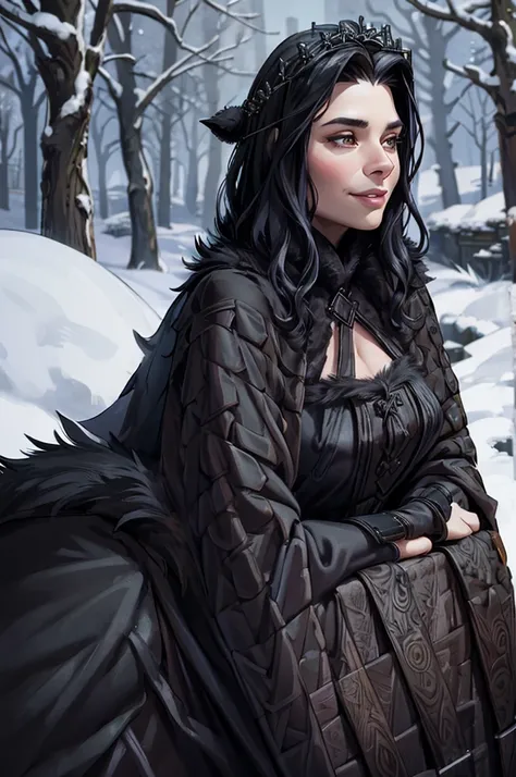 medieval fantasy, profile, dark-age fantasy, (european noblewoman:1), in her 40s, ample cleavage, black hairs, thick (fur coat:1.7), in a royal garden, winter, snow, seducing someone off-screen, confident, sultry smile