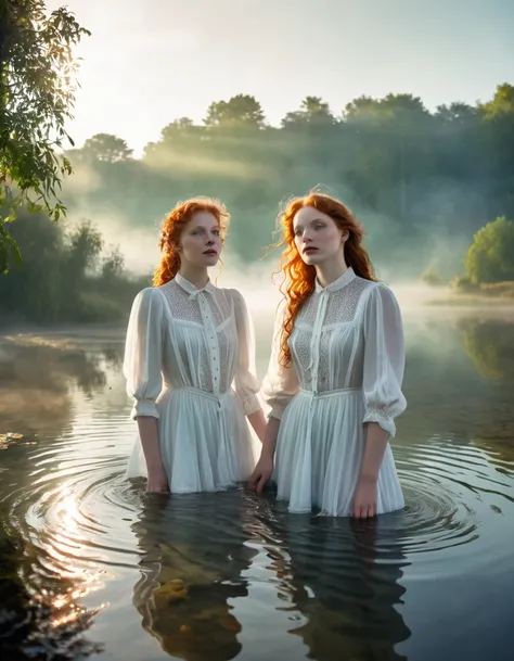 a beautiful young redheaded girl with pale and delicate skin, wearing a Victorian white blouse, emerging from the water with another beautiful girl, (corps entier:1.2),frappé par un ( Un rayon de soleil depuis une fenêtre :1.1), traits du visage détaillés,...