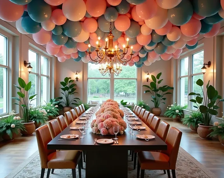 create a huge hall with table for 10 persons for gender party. Decorations: a lot of balloons, a lot of flowers - hydrangea pink and blue, beige ribbons on table only. Decoration style is elegant and like in fairytale. seats is caramel color, panoramic win...