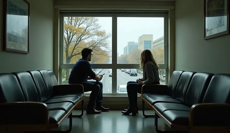  A simple place , like a waiting room ,  with the camera showing small details of the environment.  A person near a window watching the movement of the street. Street movement occurs one floor below where you are looking.