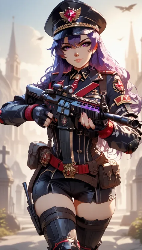 ultra-detailed, 1girl, solo, ((masterpiece)), (best quality), (highres), 16K, purple eyes, purple hair, long hair, peaked cap, wearing military uniform, fingerless gloves, tactical belt, knee pads, black thong, thighhighs, boots, busty body, large breasts ...