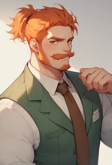  An adult middle-aged man with a beard and a ponytail hairstyle being very muscular and defined. He has a mustache and red orange hair .  The costume is a green and white suit with a brown tie commonly worn by waiters . 