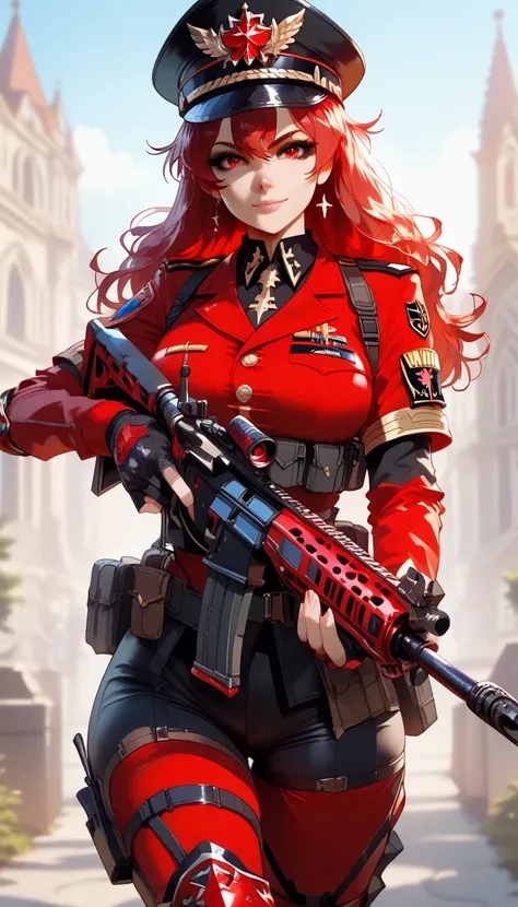 ultra-detailed, 1girl, solo, ((masterpiece)), (best quality), (highres), 16K, red eyes, red hair, long hair, peaked cap, wearing military uniform, fingerless gloves, tactical belt, knee pads, black thong, thighhighs, boots, busty body, large breasts and a ...