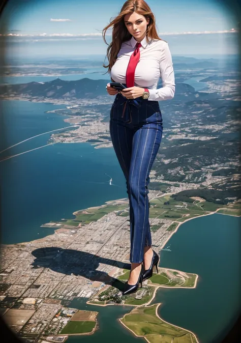  giga goddess, full body view, standing striaght, stomping on very tiny but massive continent, giantess so big she can see the whole coast line of USA Towering giga giantess, ginger girl，(500,000 miles tall Looking up at the approaching woman from below), ...