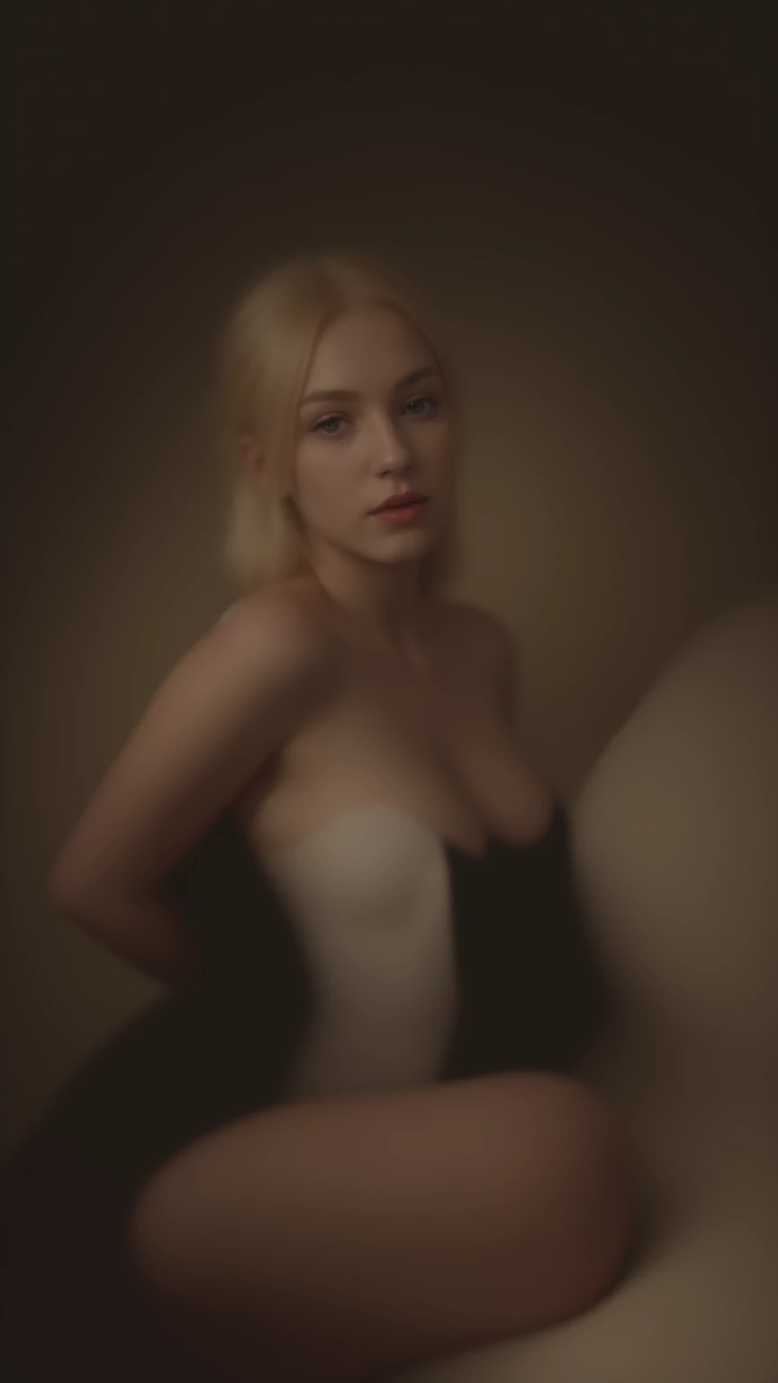 In this evocative fine art photograph by Claire-Thompson, captures a melancholic a Blonde bombshell curvy girl with her small duck. (Her pale skin glows softly, accentuating bold pink-lips, and piercing blue eyes)Stands amidst a dark modern-indoor setting ...