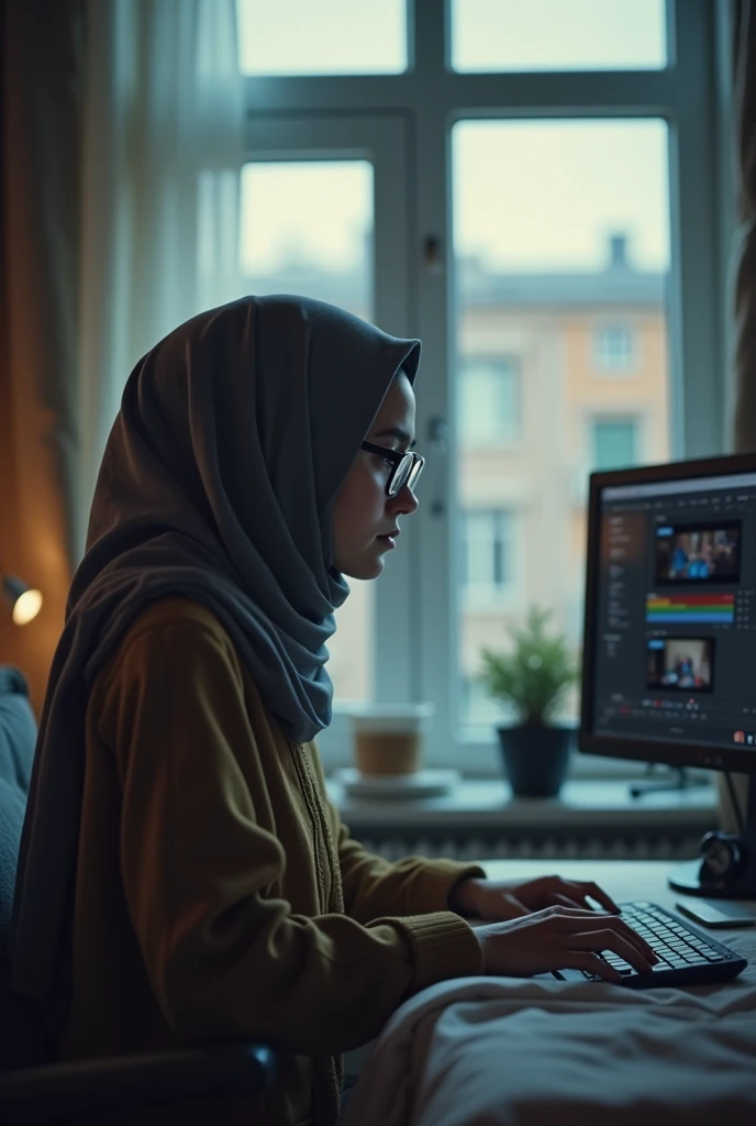 a woman wearing a hijab with glasses is editing several videos in front of the computer in front of the bedroom window facing the outside view with a feeling of relief