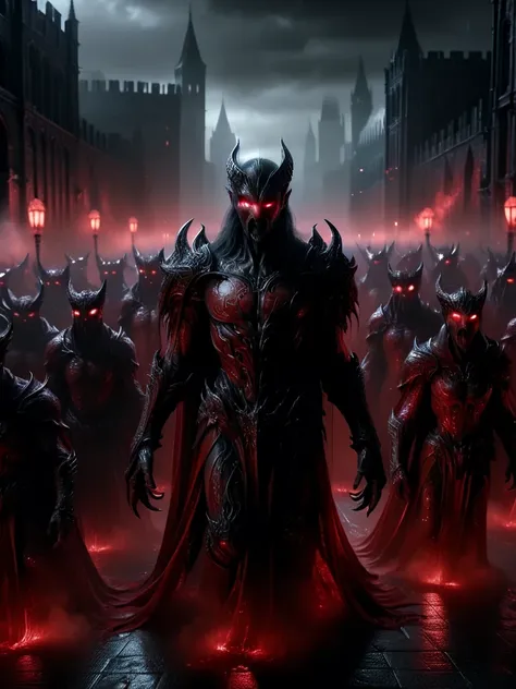 An army of bloodthirsty vampires in a dark city, all wearing red armor and looking sinister, misty at night.