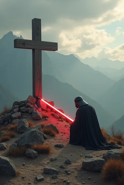 An image of a realistic landscape , Where it shows a slightly smaller mountain as if it were Calvary and next to the cross is a red lightsaber thrown and farther away kneeling in a position of worship with his face turned to the earth and with his back to ...