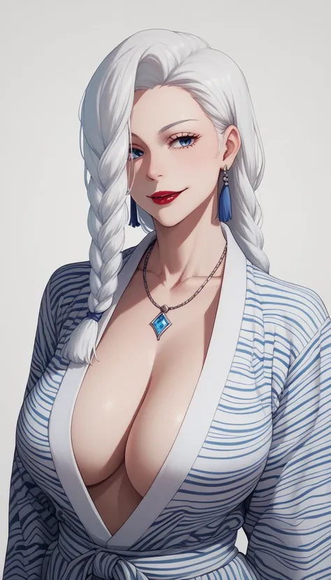 score_9, score_8_up, score_7_up, score_6_up, score_5_up, score_4_up, mei mei , blue eyes, white hair braid, large breasts,  necklace,big rectangle tassel earrings ,red lipstick , detailed eyes , big saggy breasts , yukata, cleavage , biting lips 