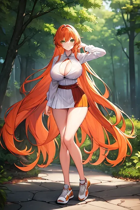 1girl, orange hair, long hair, green eyes, parted lips, large breasts, cleavage, hourglass figure, bare legs, toned, shirt, white shirt, sleeves, long sleeves, skirt, sneakers, full body, ((full body)), standing, ((standing)), forest,