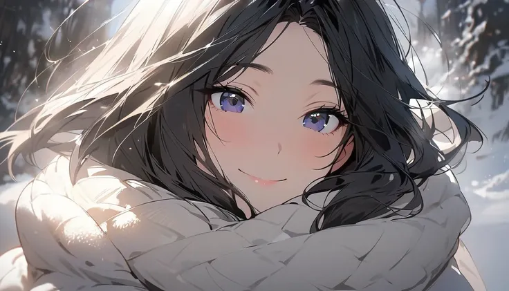 masterpiece,(masterpiece, top quality, best quality)1 girl, black hair, hair middle part, wearing winter clothes, scarf, beautiful girl, smile, look view, head tilted, half body, close-up