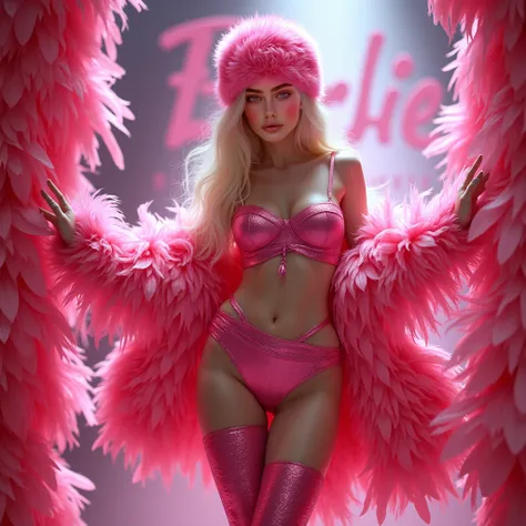 Skinny young white woman  ,  long curly platinum blonde hair  , blue eyes ,  shiny light pink curves ,  dressed in dark pink feathers ,  long dark pink furry boot , pink furry hat ,  doing dynamic pose of a professional model.  With the background written ...