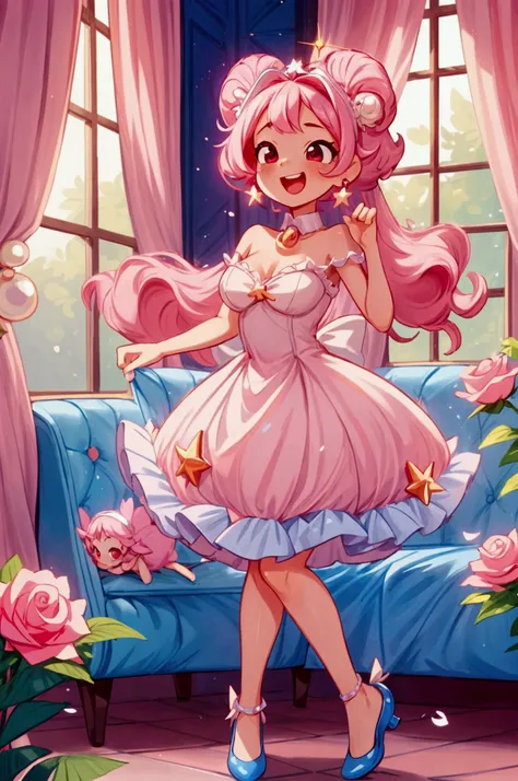 (masterpiece, best quality) standing, indoor, intricate detail, sunlight, navy and pearl white frill dress short neckline, pink rose hair, laughing like crazy, red eyes, cute stars diadema,, sexy pose, blue shoes, coquette, gorgeous legs, mature teenager b...