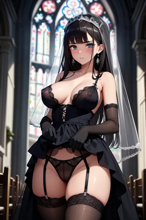 16-year-old girl with dark hair, black sexy lingerie, open crotch, tulle skirt, blue earrings with veil on her head, black transparent gloves, garter belt, church cross bride, ashamed look, attendees with thigh nipples see-through