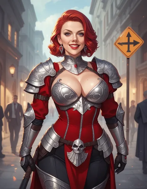 beautiful busty scarlet johansson warrior woman, sinister smile road sign armor