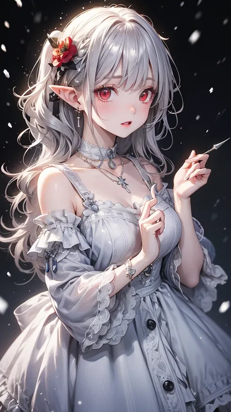 {{masterpiece}},highest quality,Very detailed,Very detailed CG Unity 8k wallpaper,An illustration, One girl, Red eyes, Wavy silver hair, Pointed Ears, vampire, dress, necklace, Hair Flowers, snow, ice, whole body, shot,High Close-up, Very detailed,Center F...