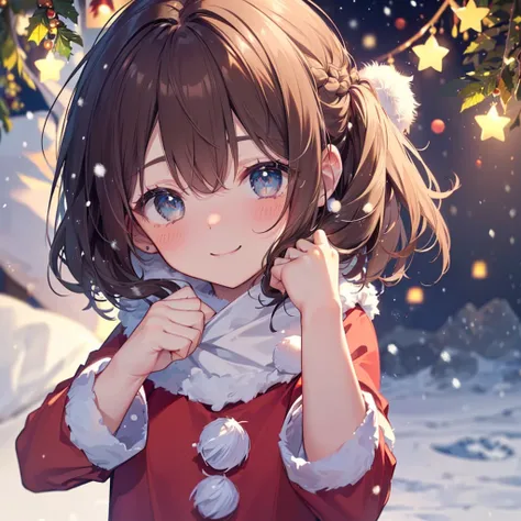  Best Quality 、8k、masterpiece))、((One person、((cute))、 big smile、 blushes her cheeks 、、 brown hair 、 bob hair、 super detailed face、Ultra-detailed eyes、Ultra detailed hair、(( Santa Claus Costume ))、((snowing))、 Christmas tree