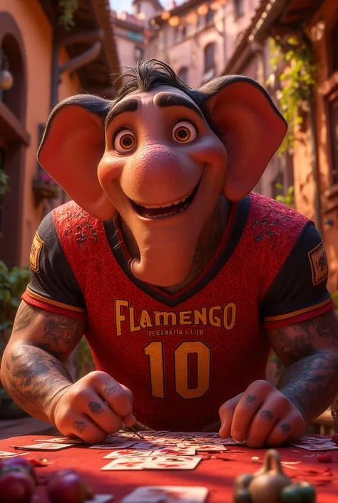 Tattooed elephant man playing red and black with a red-black jersey written Flamengo regatta club smoking Adidas number 10 in Disney Pixar style 