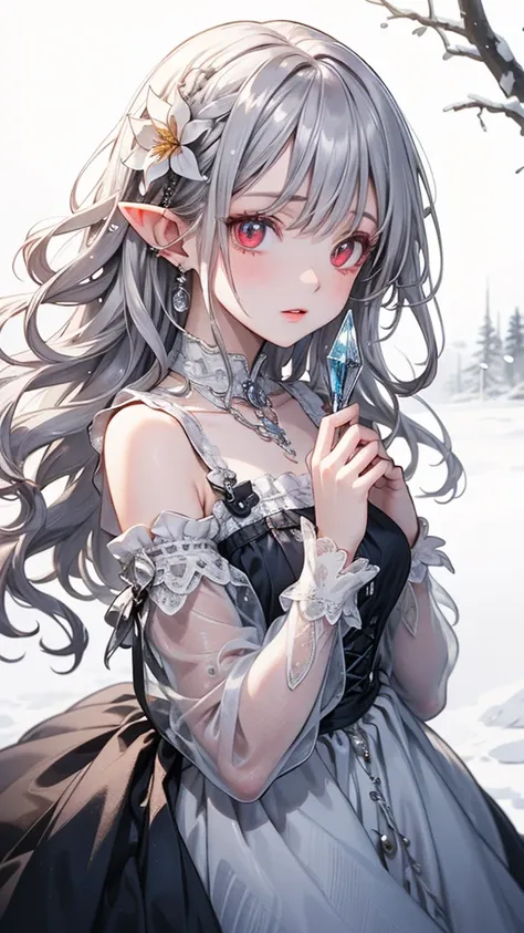 {{masterpiece}},highest quality,Very detailed,Very detailed CG Unity 8k wallpaper,An illustration, One girl, Red eyes, Wavy silver hair, Pointed Ears, vampire, dress, necklace, Hair Flowers, snow, ice, whole body, shot,High Close-up, Very detailed,Center F...