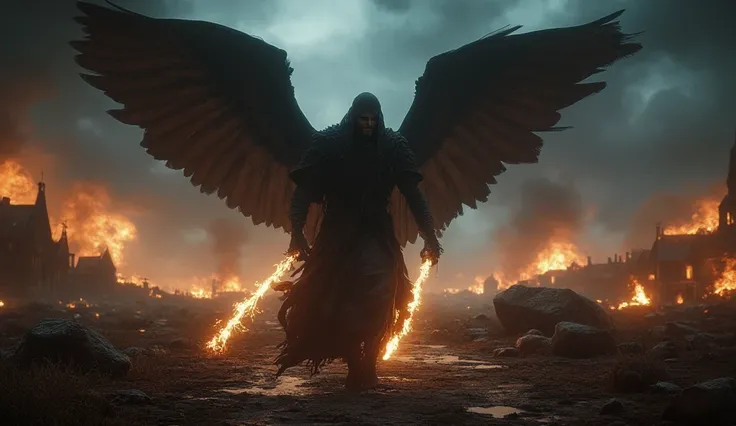 A nightmarish fallen angel. He has a flaming blade in his hand. She has two huge Black wings. He is dressed in black rags, with a hood covering his face. Thunderclouds, horror. Burning villages. Night