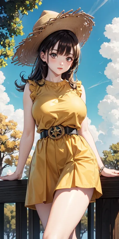 (masterpiece, top quality:1.1),  Arena,  1 girl, Alone, Big Breasts, Yellow clothes,belt、 nature,  blue sky,  Cowboy Shots, blue pointy hat 