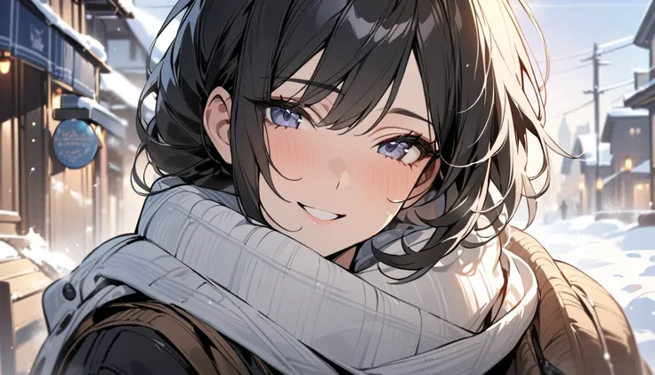 masterpiece,(masterpiece, top quality, best quality)1 woman face handsome, black hair, Middle Parrt Hairstyle , wearing winter clothes, scarf, smile, look view, head tilted, half body, close-up