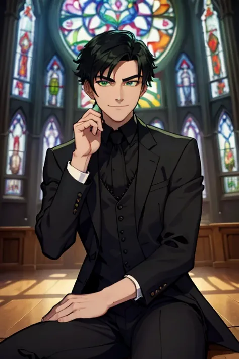 Perfect face. Perfect hands. A black haired man with green eyes and short hair in a Gothic suit is smiling while sitting in front of a stained glass window in a Gothic ballroom