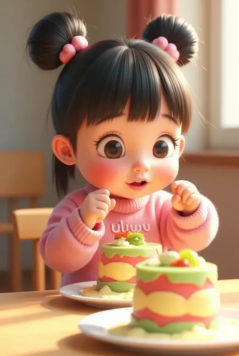 Uwu, a cute and adorable girl, , with her hair in two buns on top and bangs, clear hair fibers, a beautiful girl, rosy cheeks, wearing a pink sweater with the word "uwu" written on the front, enjoying a very delicious pudding, looks tempting ("Close-up pho...